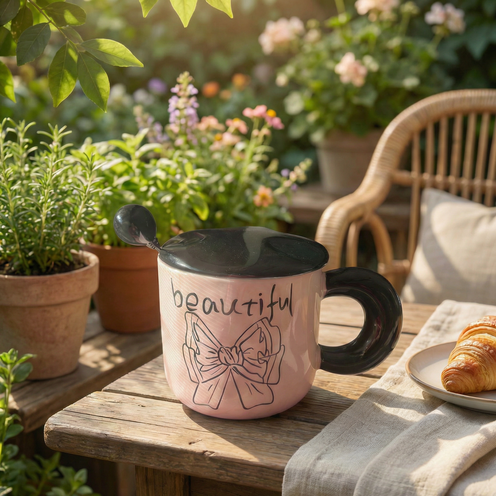 Ceramic 'Beautiful' mug with lid and spoon