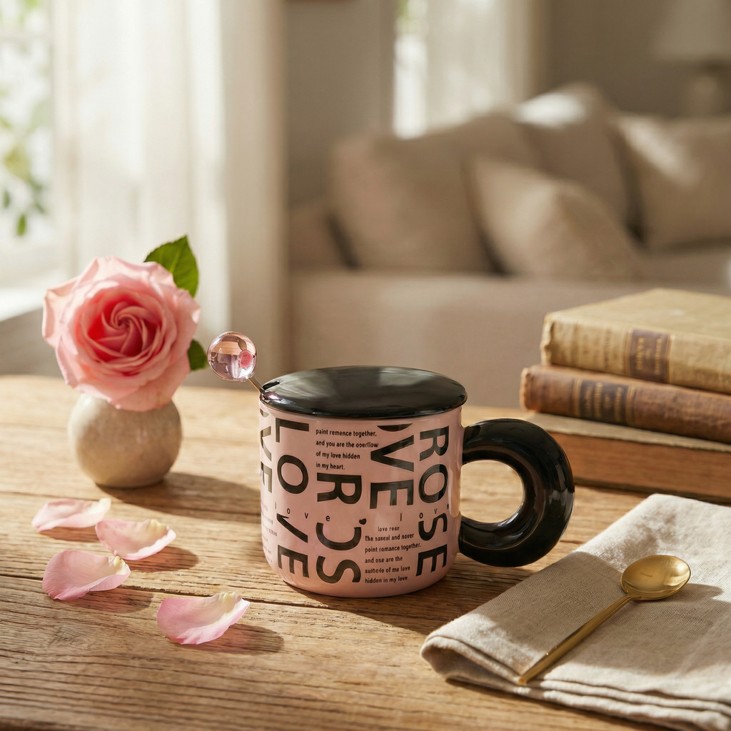 Ceramic 'Beautiful' mug with lid and spoon