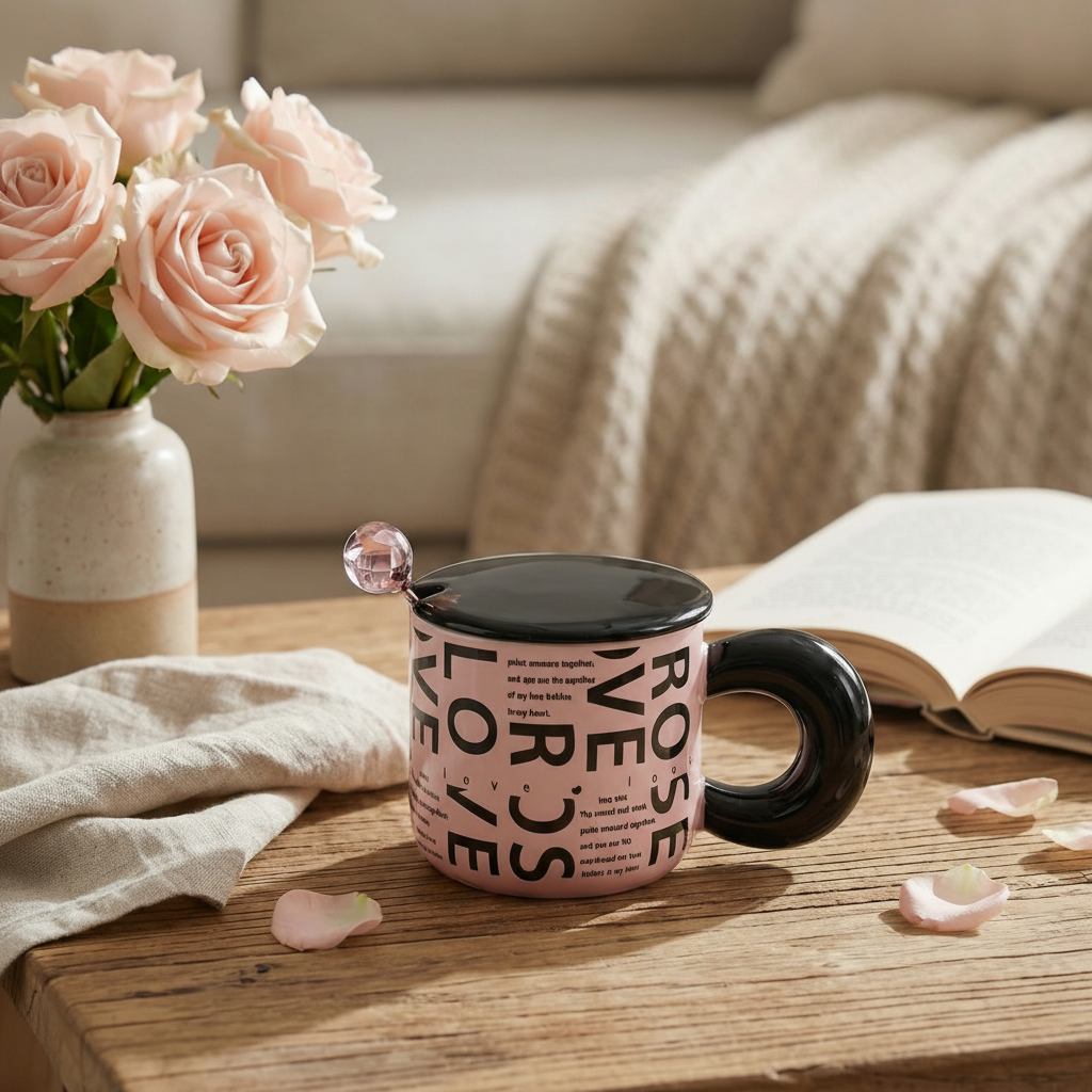 Ceramic 'Beautiful' mug with lid and spoon