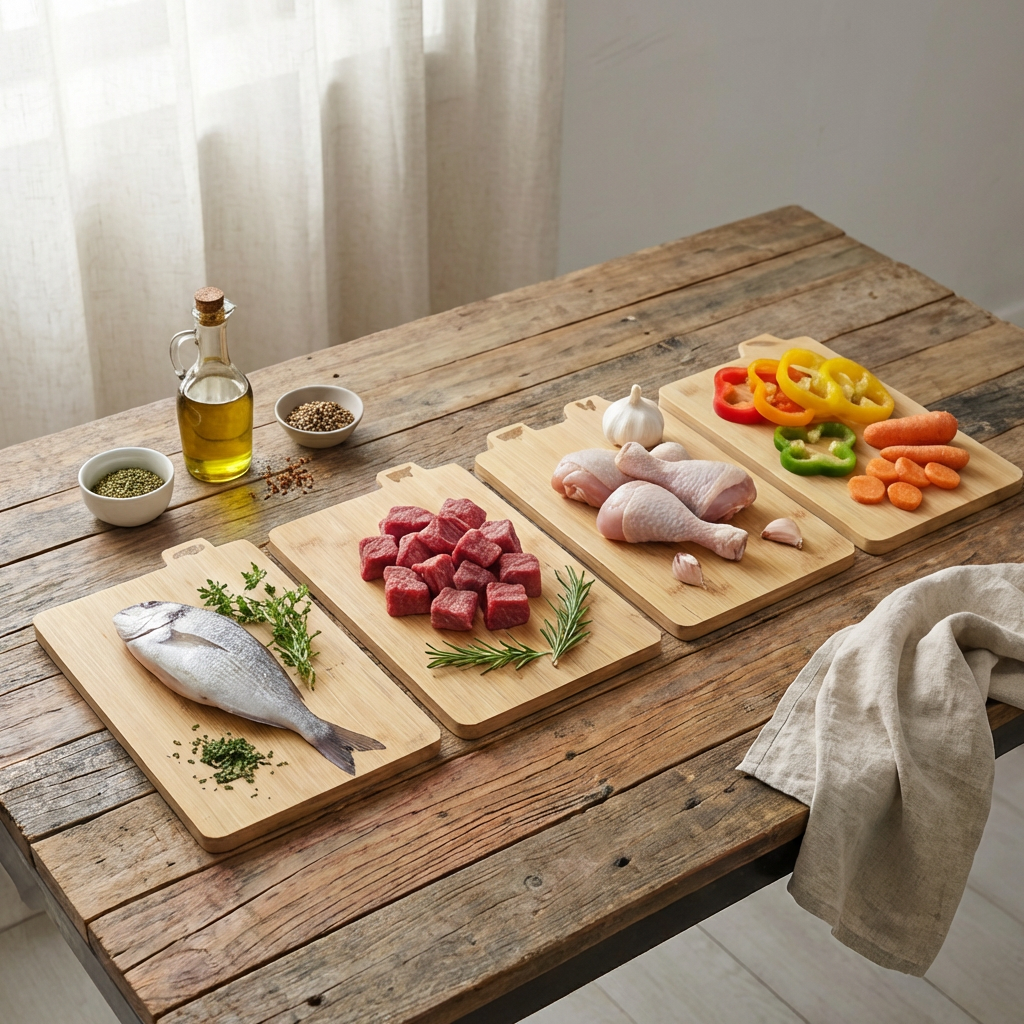 Set of 4 wooden cutting boards with engraved icons